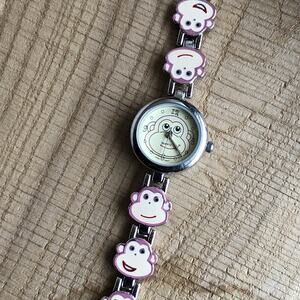 Pink Monkey Face Watch Bracelet Quartz Girls Kids Enameled Metal Retro Cute